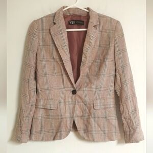 Zara Women's Plaid Pink Long Sleeve Single Button Blazer Jacket Size 4